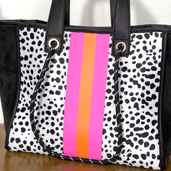 Dalmatian spots neoprene bag with pink and orange stripes and velvet sides. - Picture 2 of 7